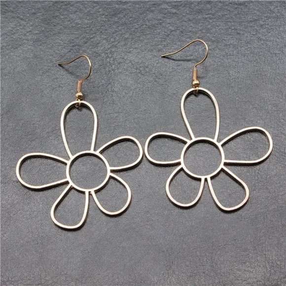Silvery Hollow Flower Design Hook Dangle Earrings Retro Simple Style Zinc Alloy - Picture 4 of 6